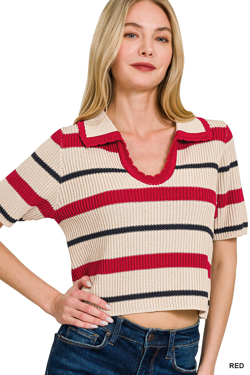 STRIPED COLLARED SHORT SLEEVE CROPPED SWEATER