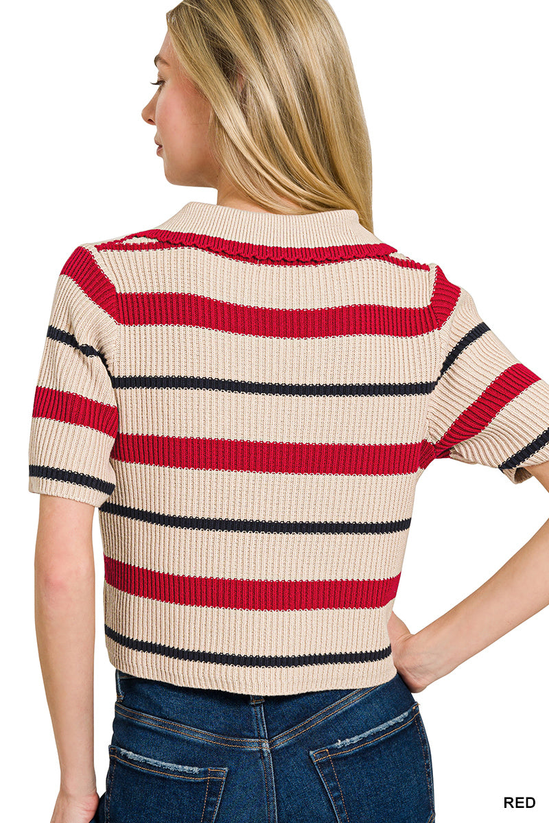 STRIPED COLLARED SHORT SLEEVE CROPPED SWEATER
