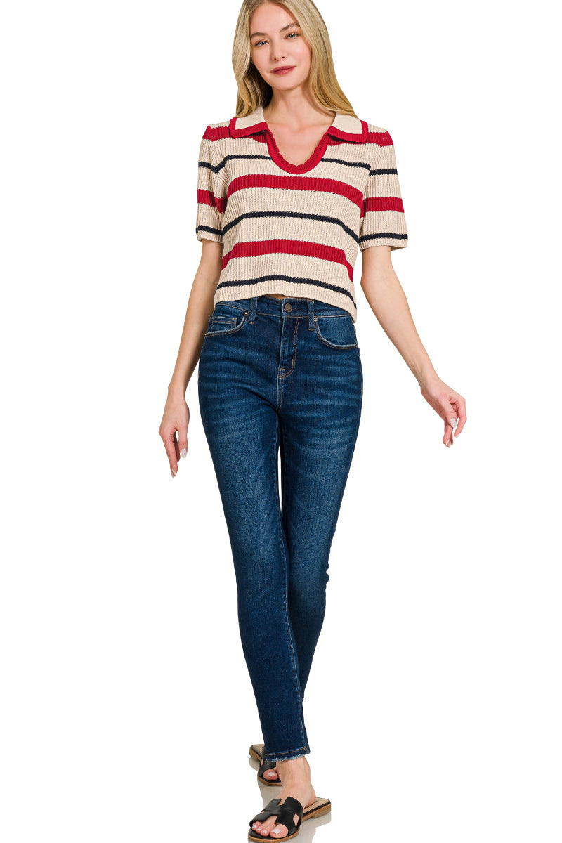 STRIPED COLLARED SHORT SLEEVE CROPPED SWEATER