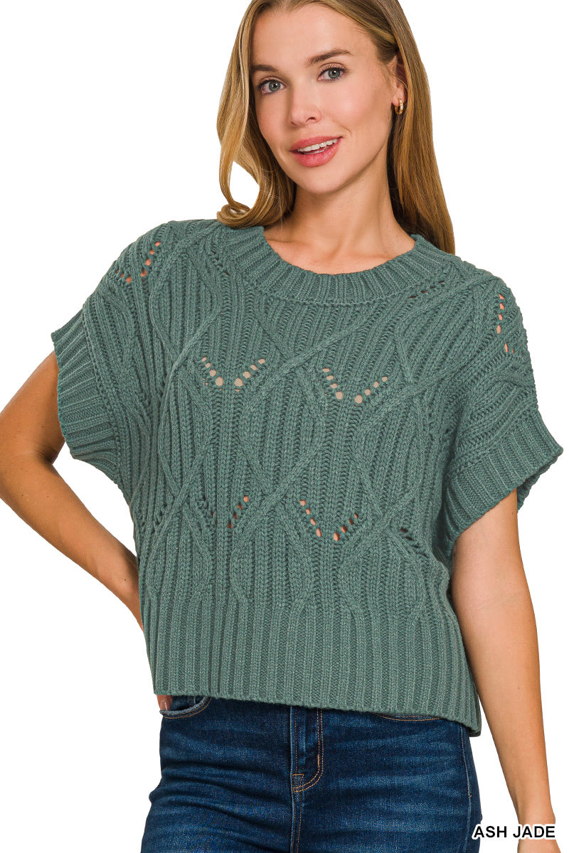 Cable knit short sleeve sweater
