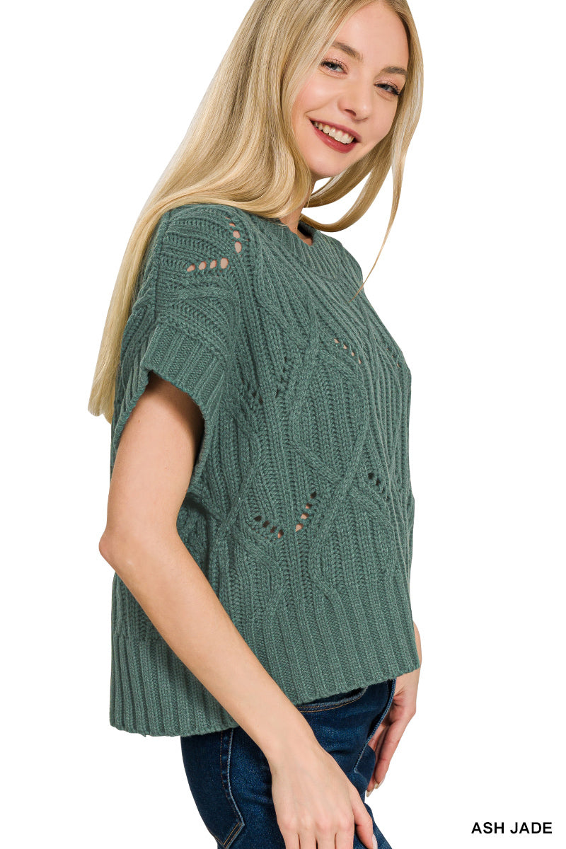 Cable knit short sleeve sweater