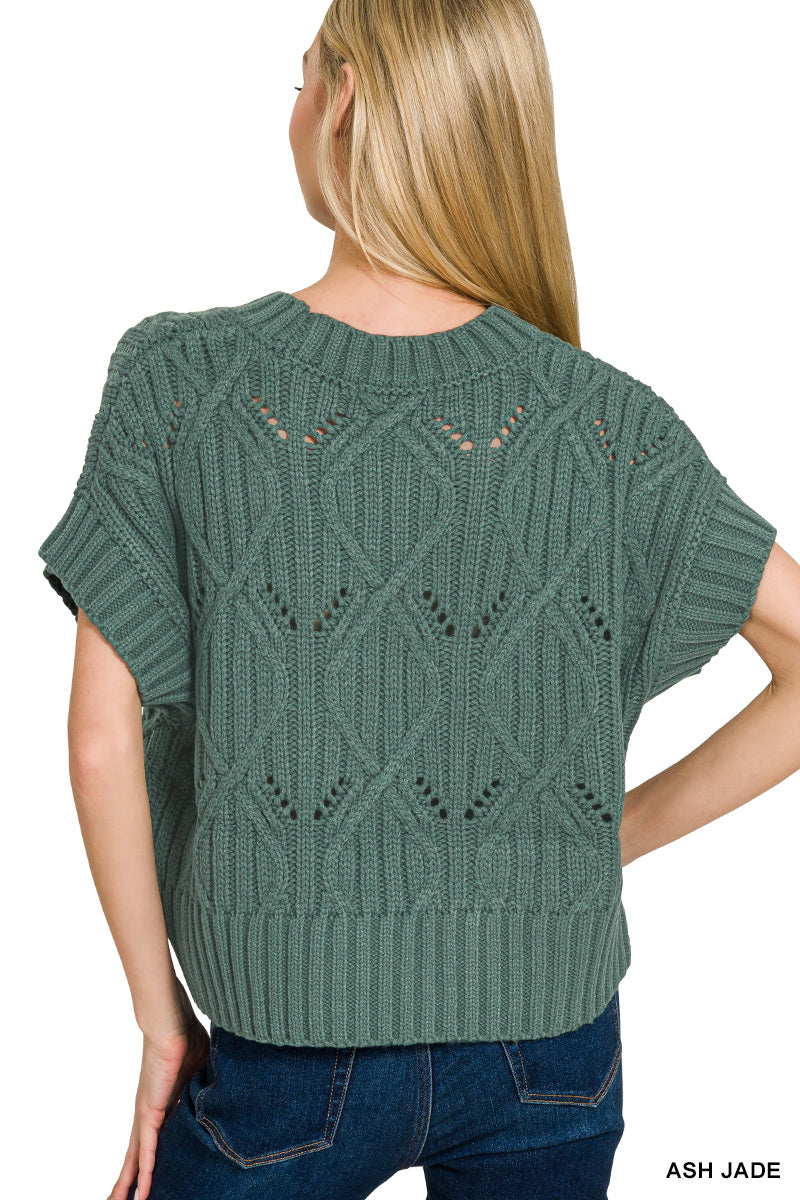 Cable knit short sleeve sweater
