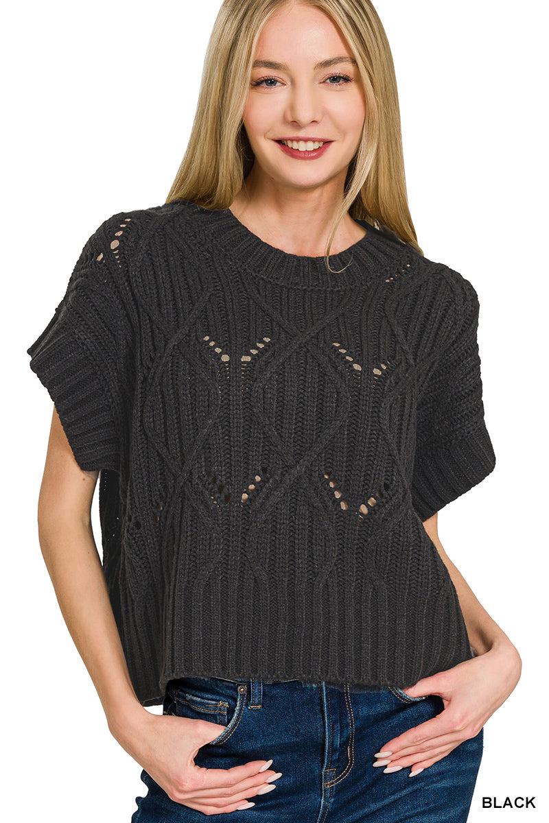 Cable knit short sleeve sweater