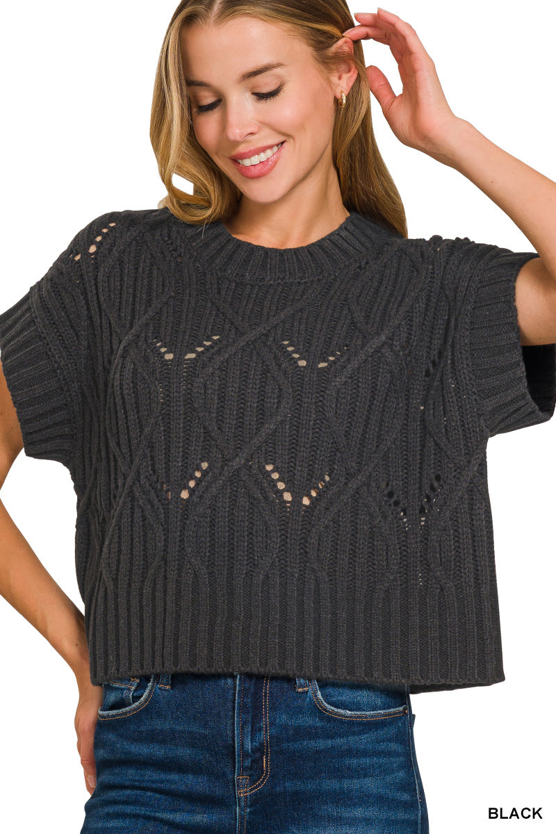 Cable knit short sleeve sweater