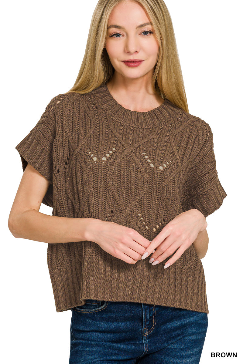 Cable knit short sleeve sweater