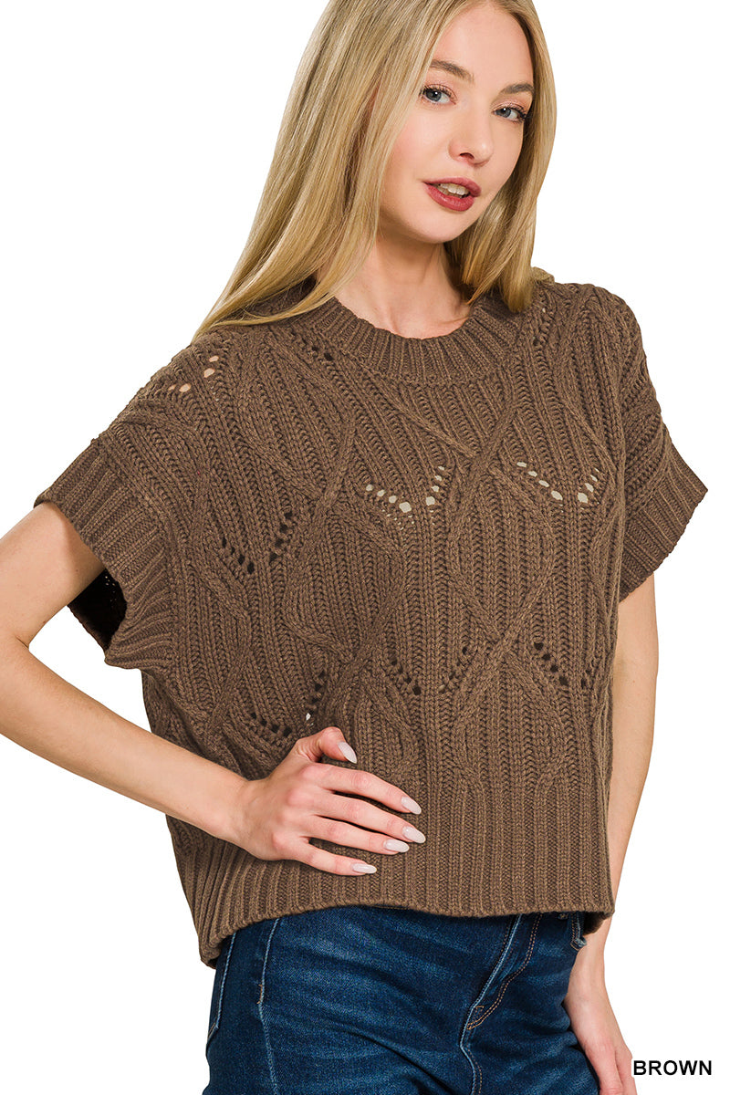 Cable knit short sleeve sweater