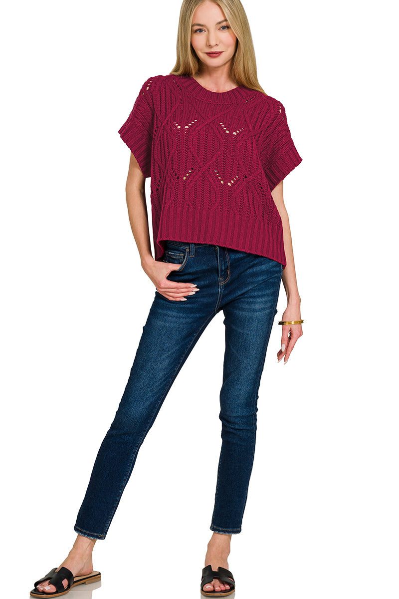 Cable knit short sleeve sweater
