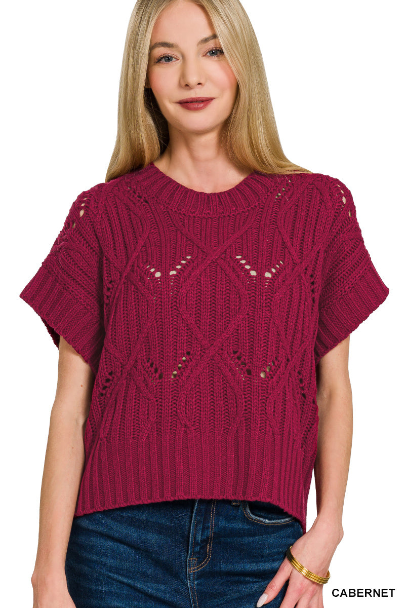 Cable knit short sleeve sweater