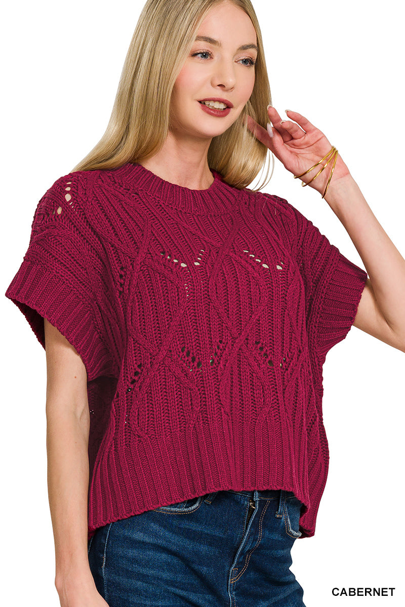 Cable knit short sleeve sweater