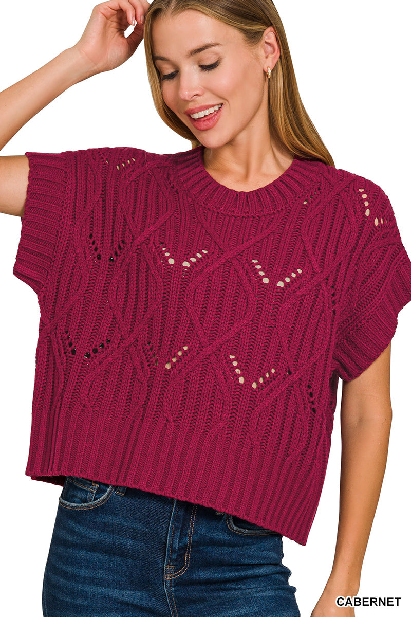 Cable knit short sleeve sweater