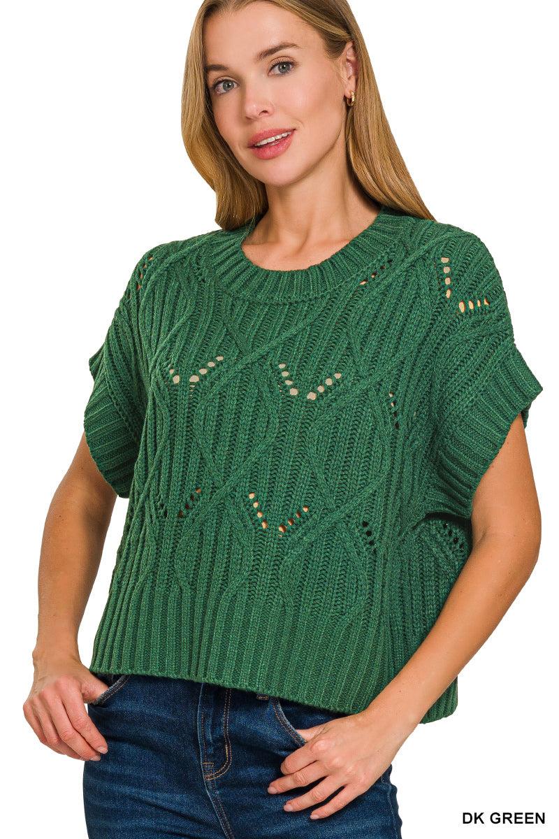 Cable knit short sleeve sweater