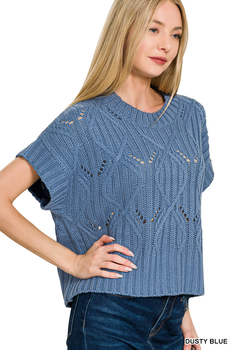 Cable knit short sleeve sweater
