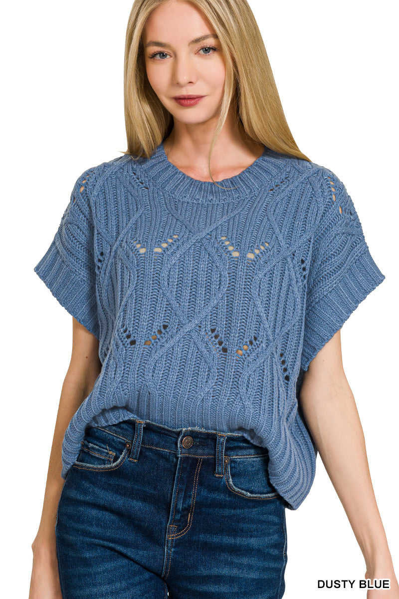 Cable knit short sleeve sweater