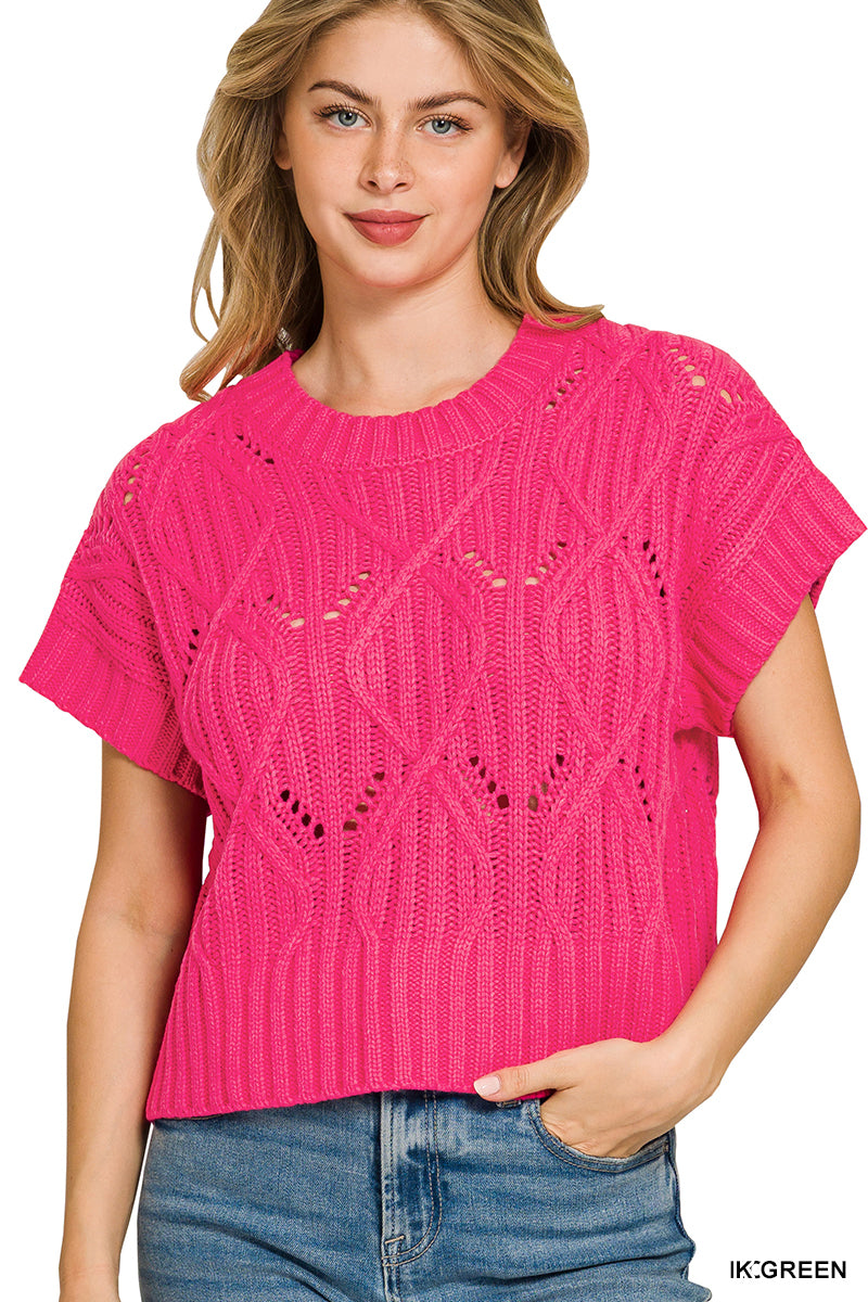 Cable knit short sleeve sweater