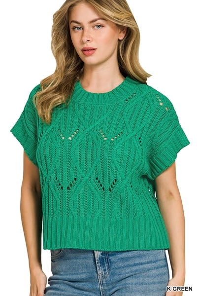 Cable knit short sleeve sweater