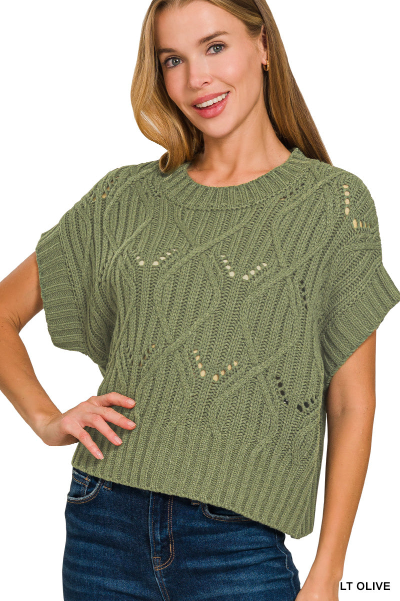 Cable knit short sleeve sweater