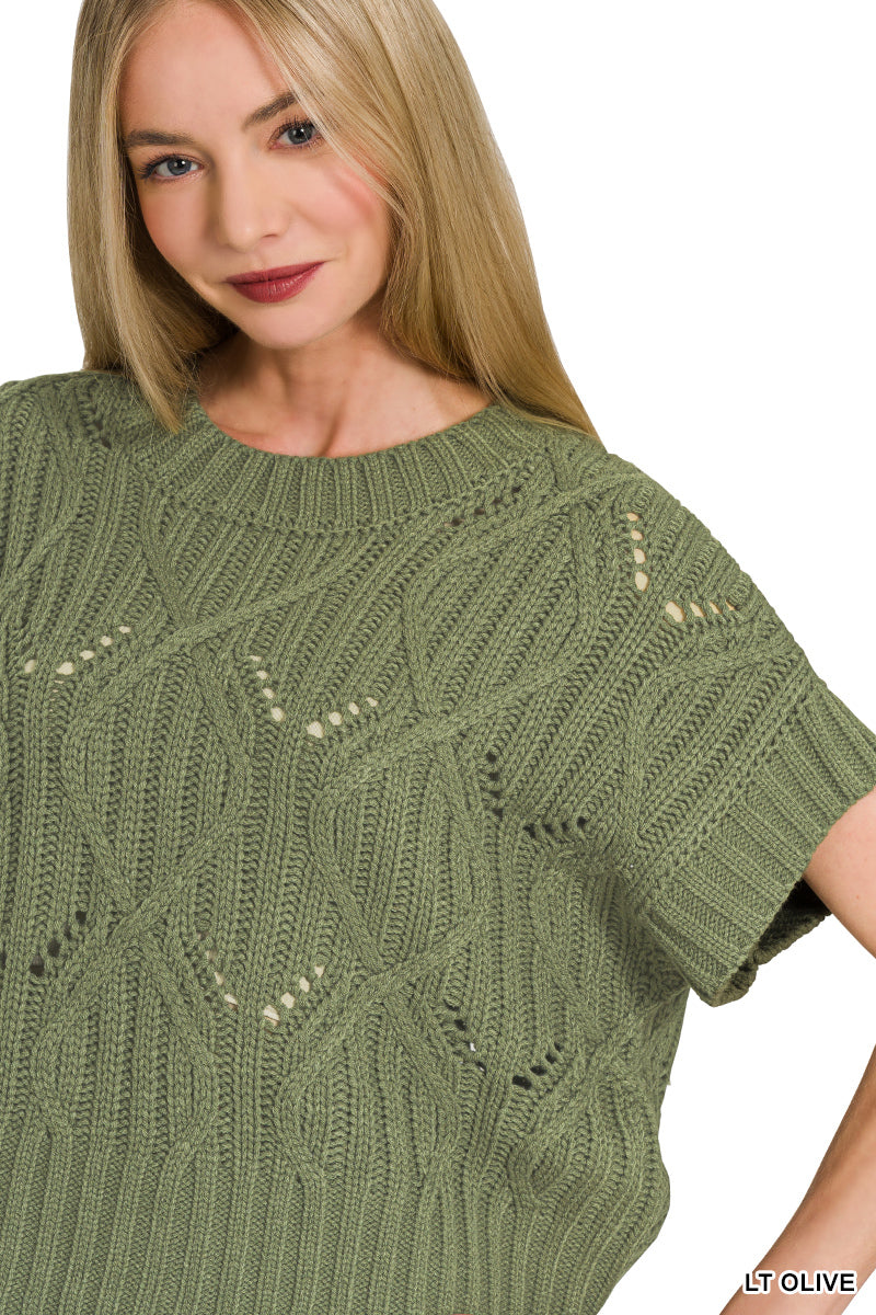 Cable knit short sleeve sweater