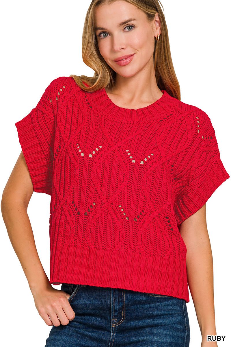 Cable knit short sleeve sweater