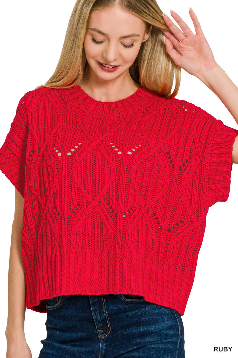 Cable knit short sleeve sweater