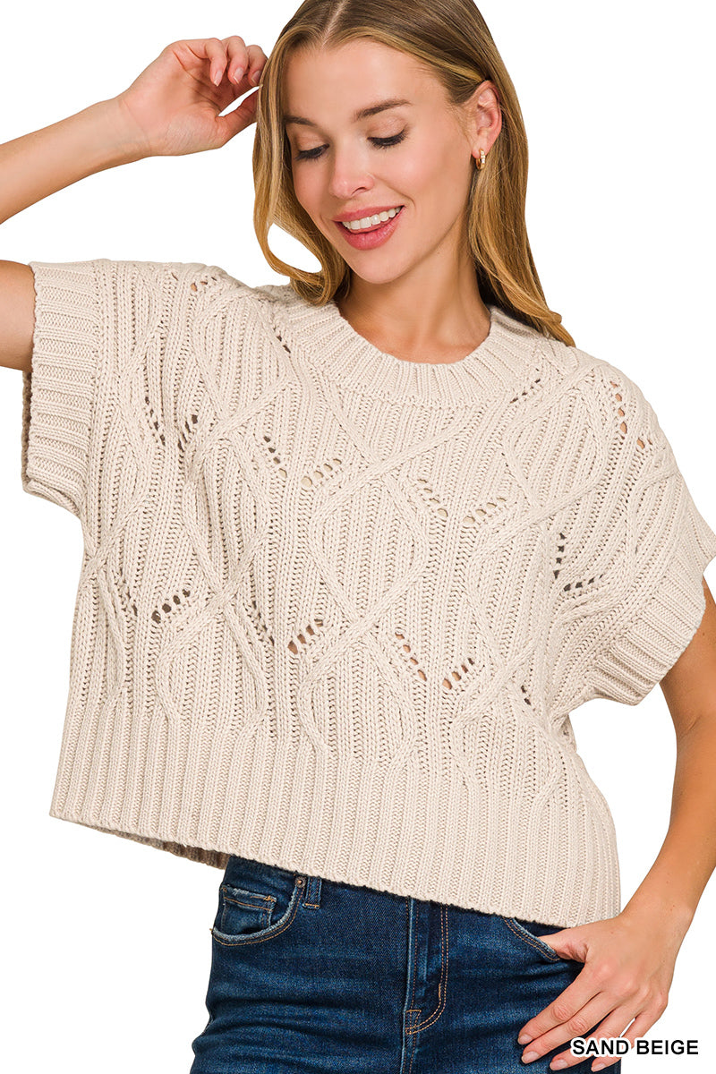 Cable knit short sleeve sweater