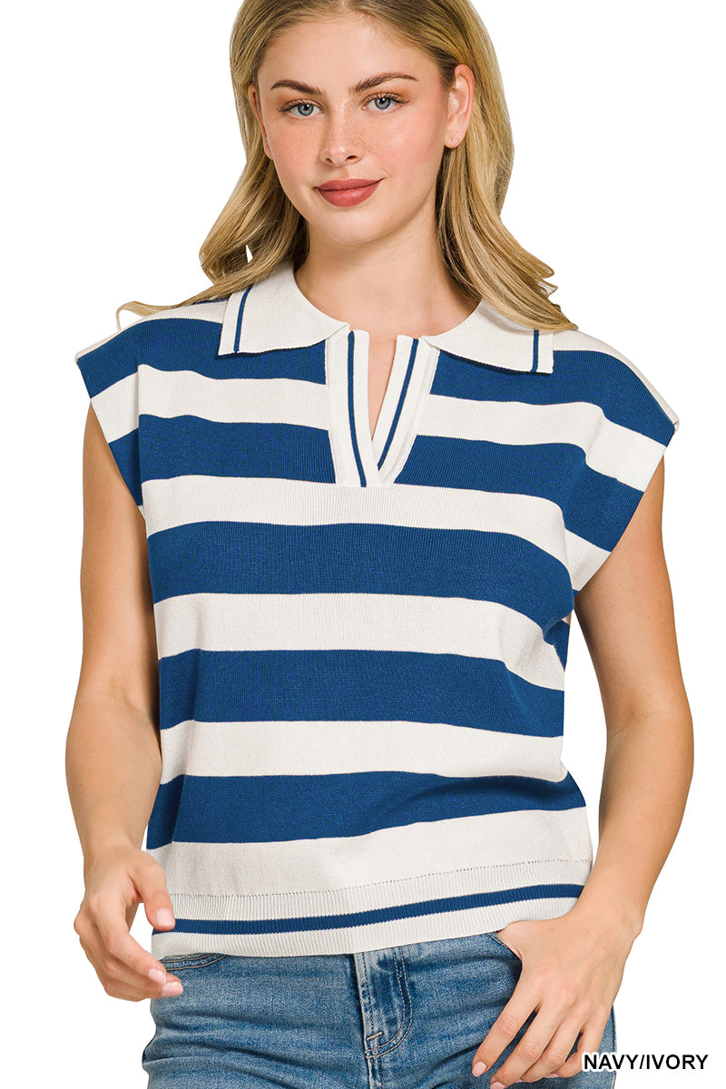 Zenana Viscose Striped Collared Sweater Vest