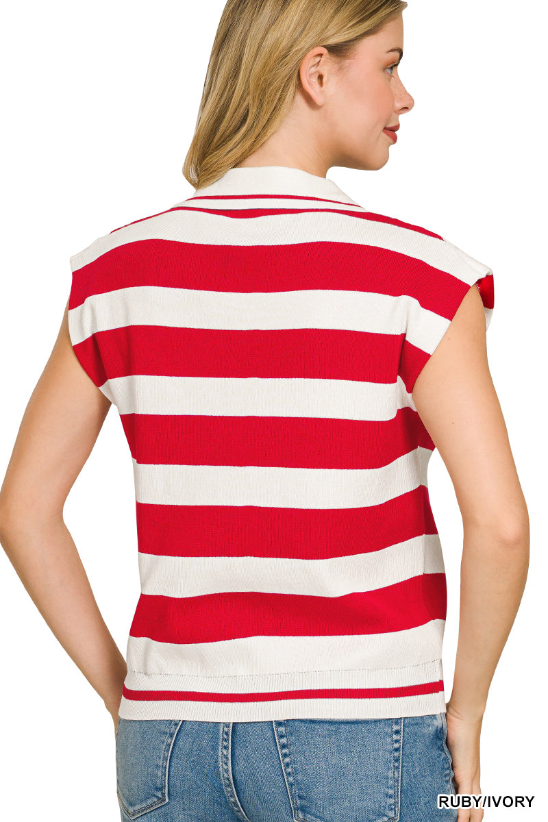 Zenana Viscose Striped Collared Sweater Vest