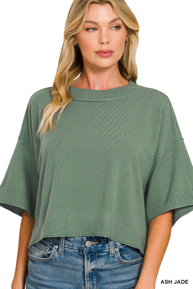 Viscose mock neck short sleeve boxy sweater