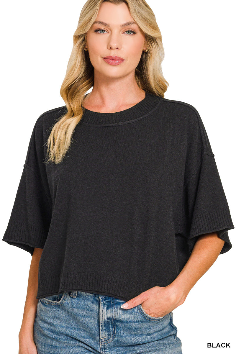 Viscose mock neck short sleeve boxy sweater