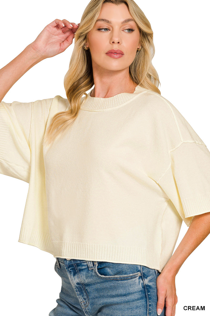 Viscose mock neck short sleeve boxy sweater