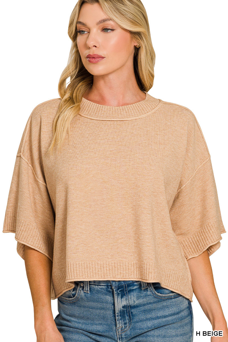 Viscose mock neck short sleeve boxy sweater