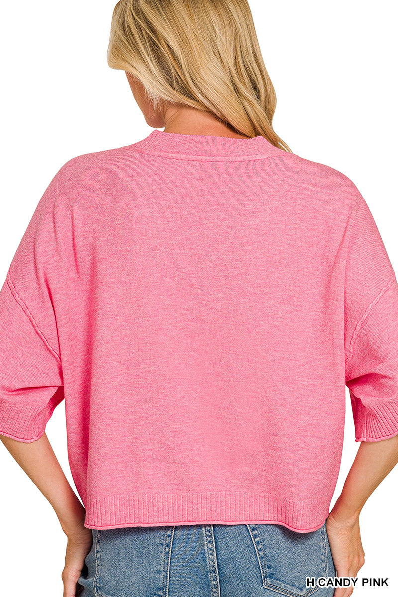 Viscose mock neck short sleeve boxy sweater
