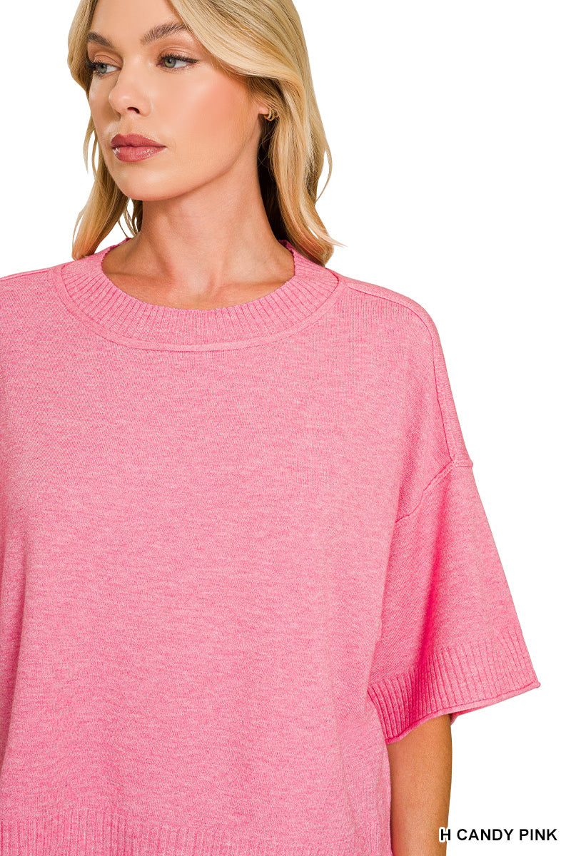 Viscose mock neck short sleeve boxy sweater