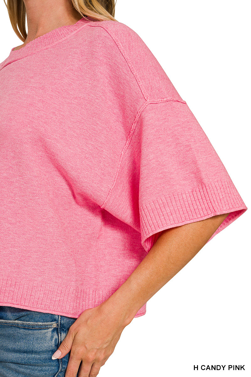 Viscose mock neck short sleeve boxy sweater