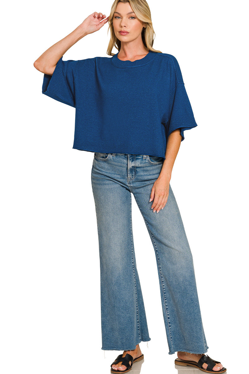 Viscose mock neck short sleeve boxy sweater