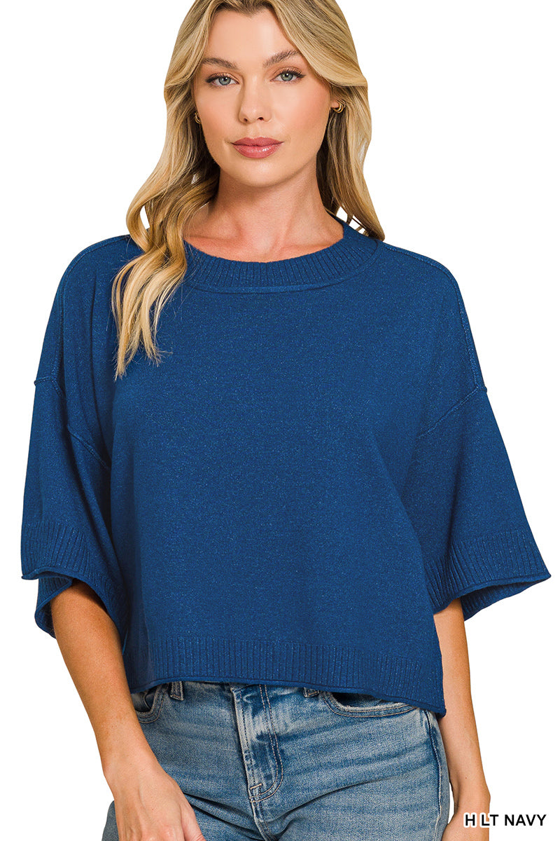 Viscose mock neck short sleeve boxy sweater