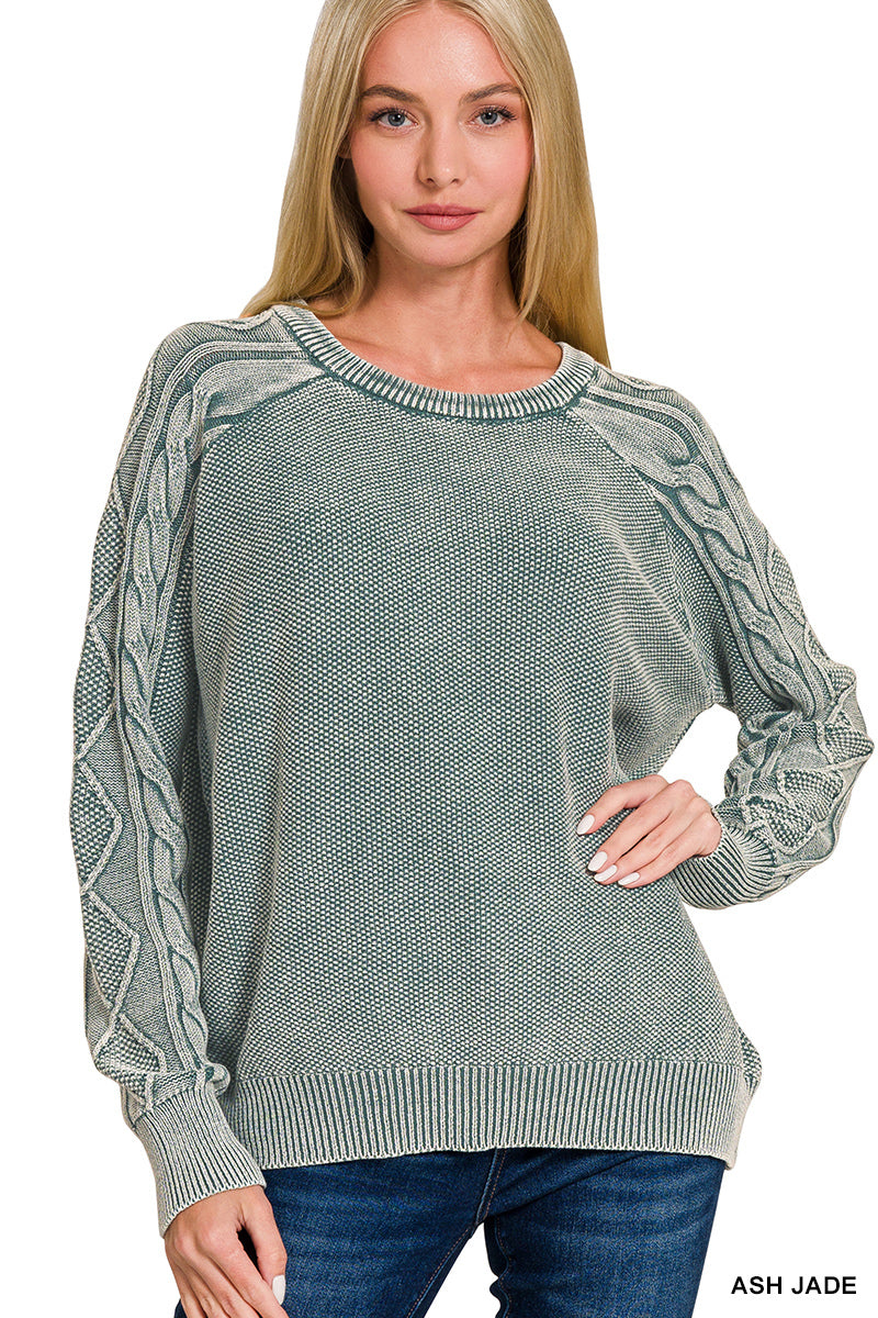 Stone washed cable-sleeve crewneck sweater