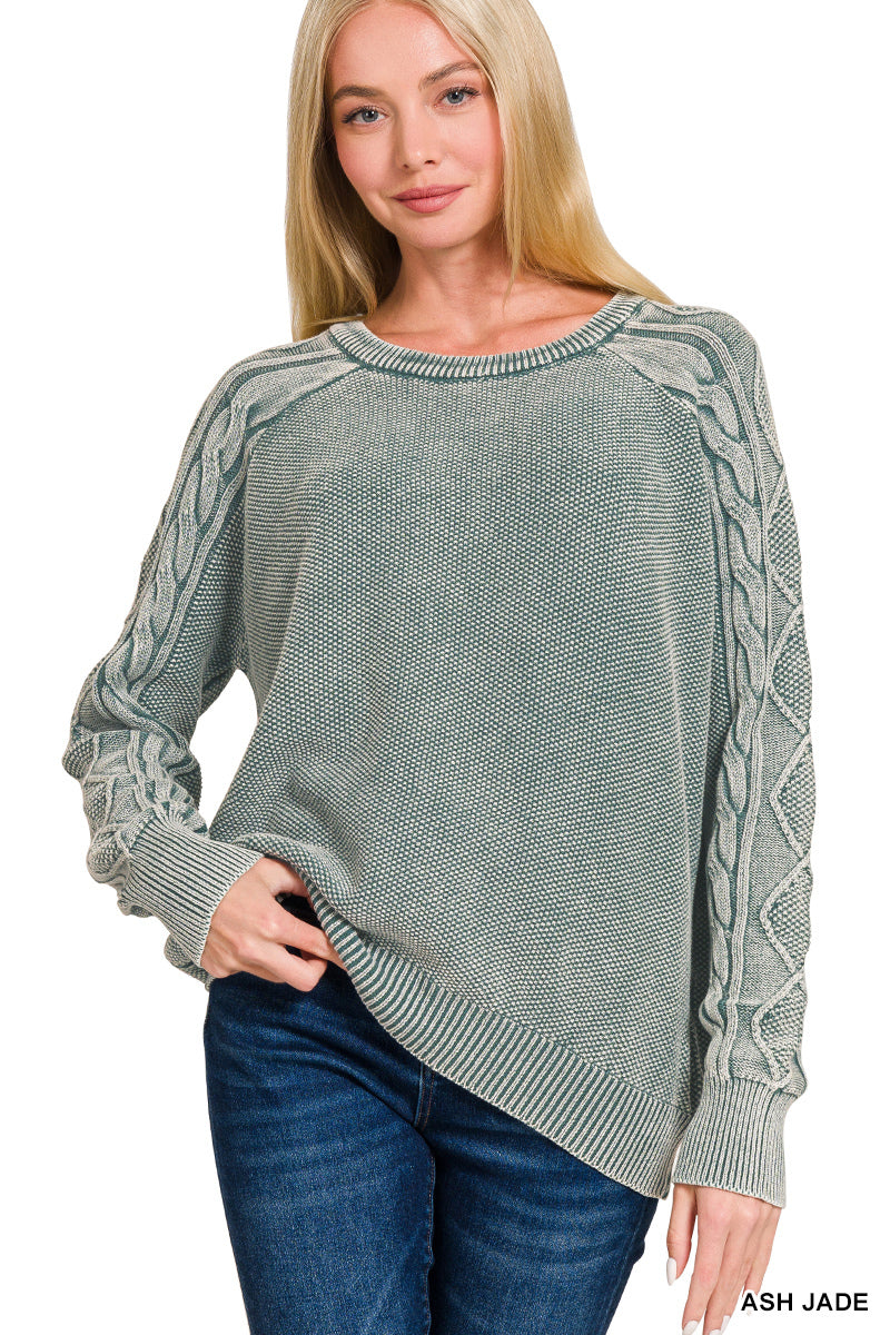 Stone washed cable-sleeve crewneck sweater