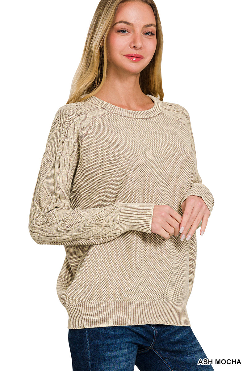 Stone washed cable-sleeve crewneck sweater