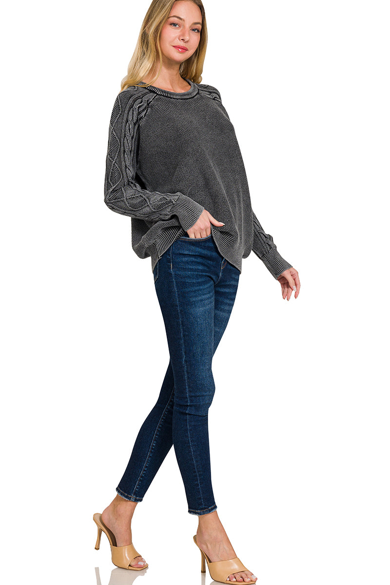 Stone washed cable-sleeve crewneck sweater