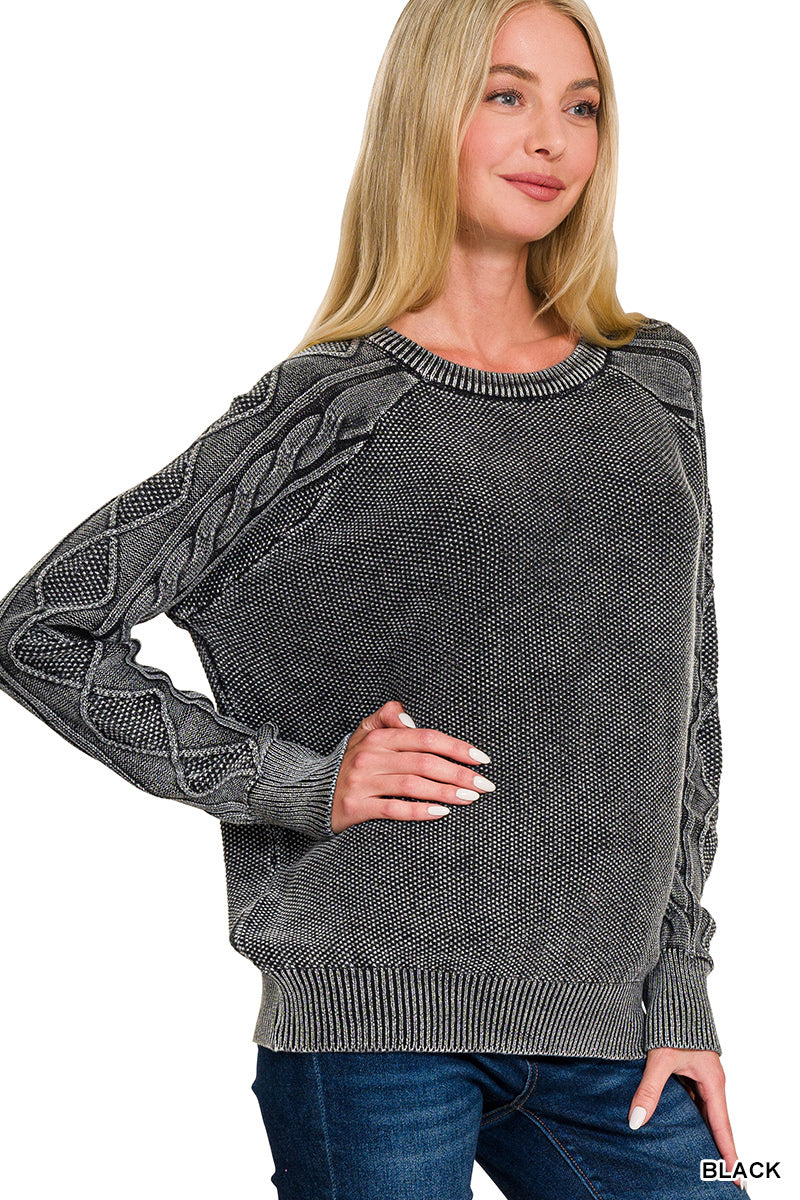 Stone washed cable-sleeve crewneck sweater