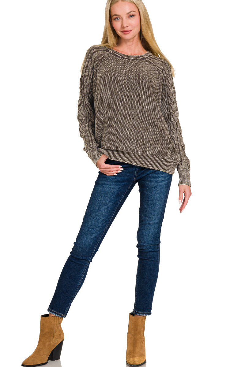Stone washed cable-sleeve crewneck sweater