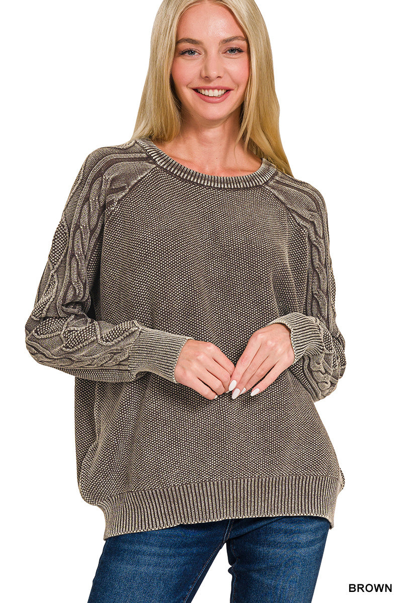 Stone washed cable-sleeve crewneck sweater