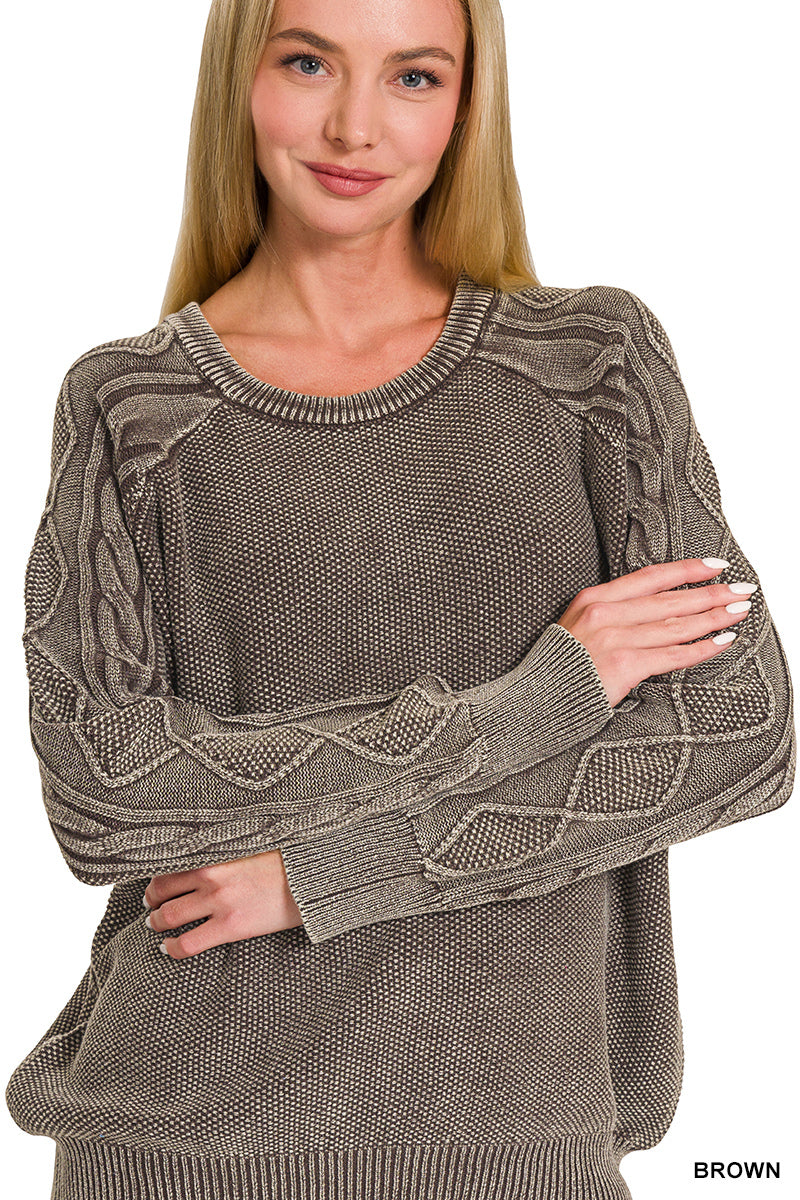 Stone washed cable-sleeve crewneck sweater
