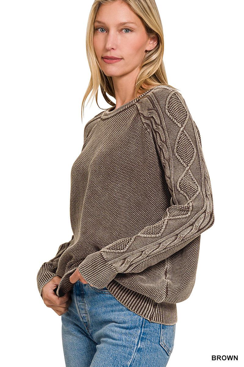 Stone washed cable-sleeve crewneck sweater