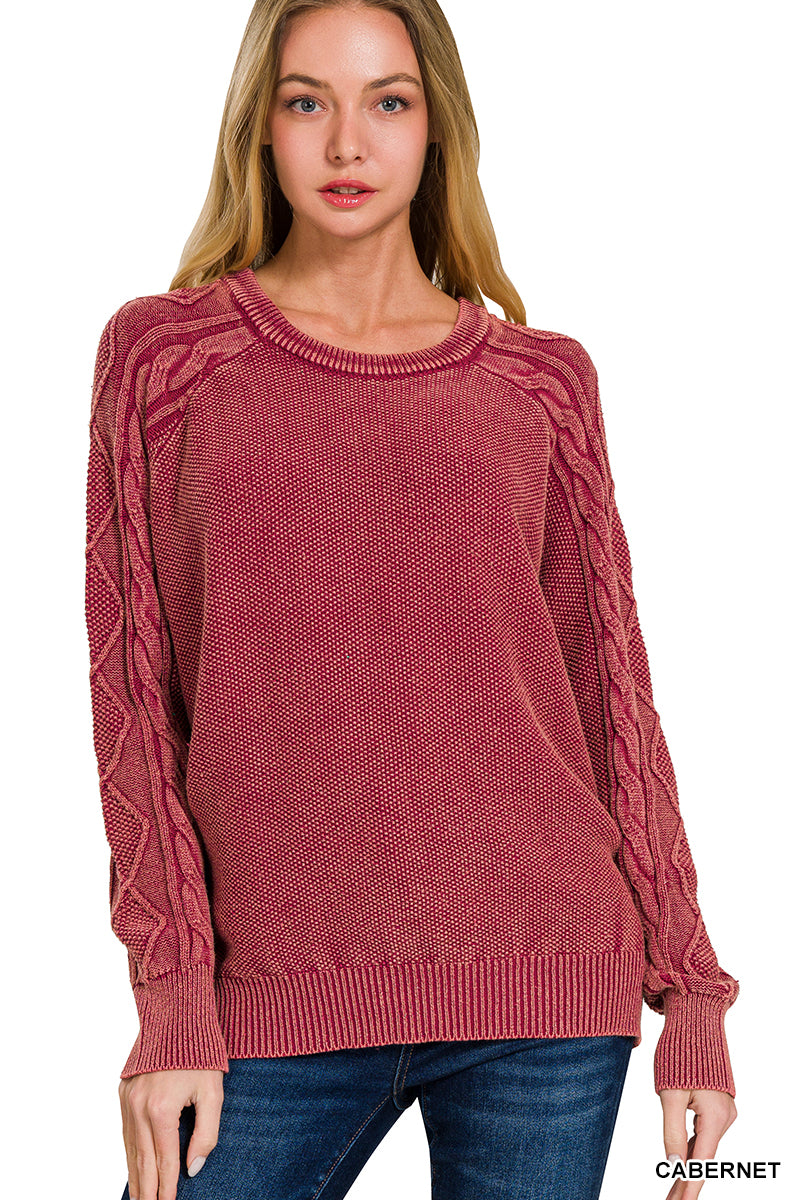 Stone washed cable-sleeve crewneck sweater