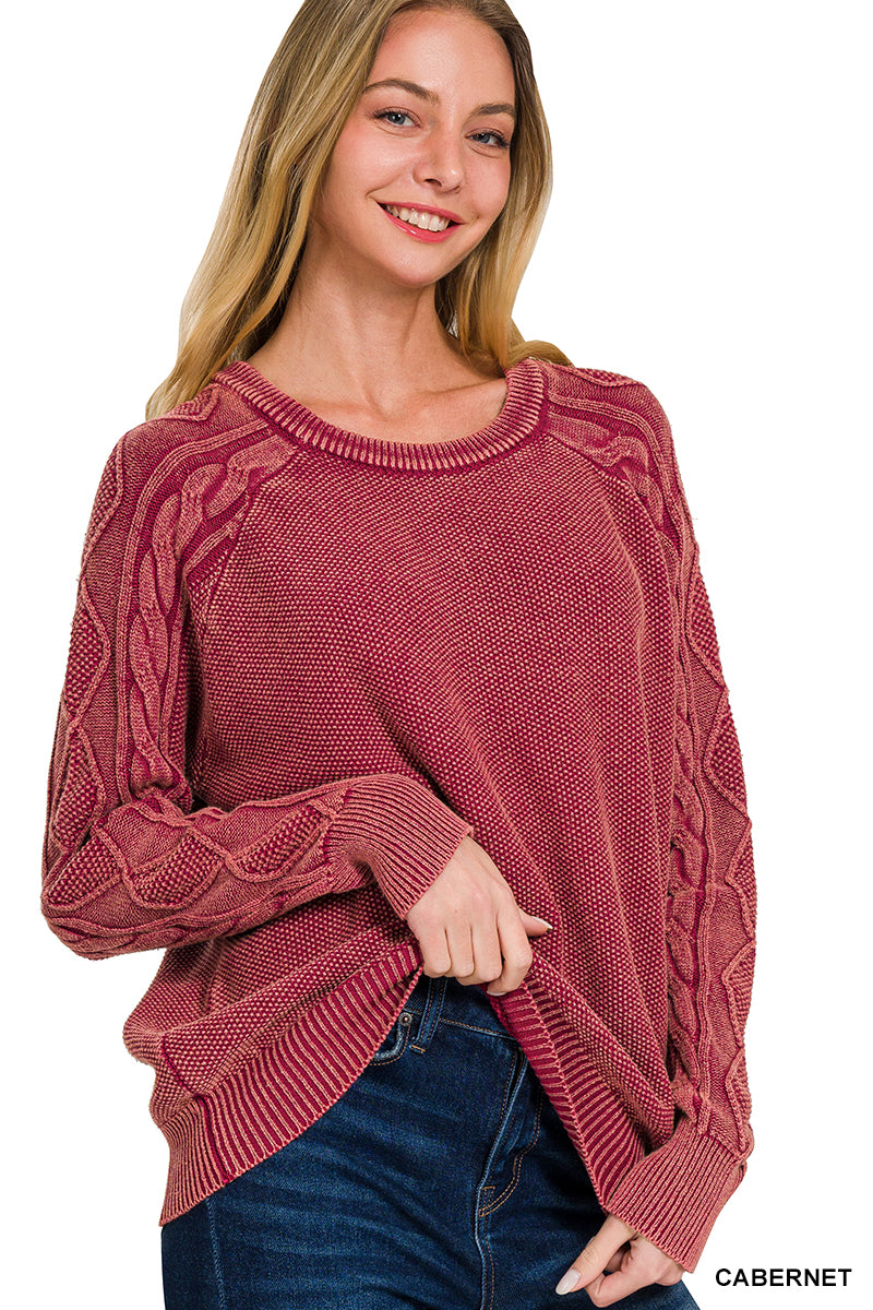 Stone washed cable-sleeve crewneck sweater