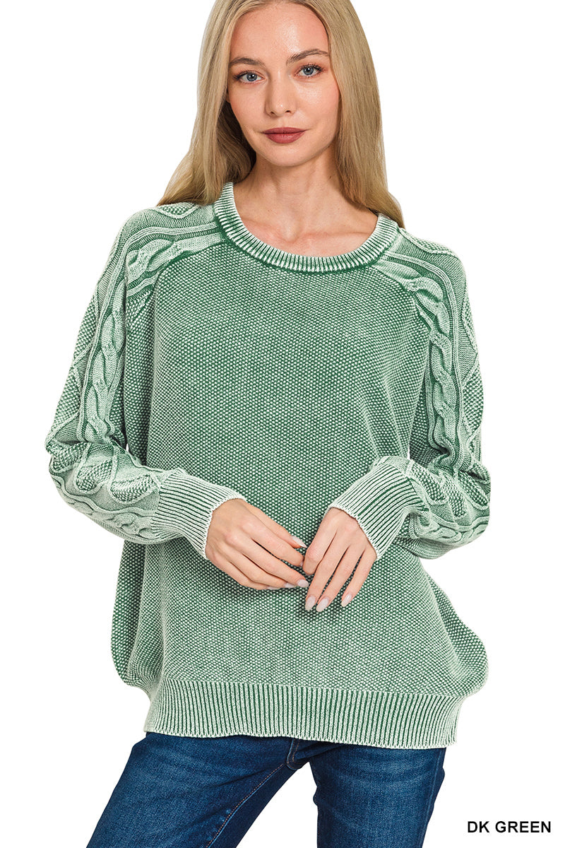 Stone washed cable-sleeve crewneck sweater