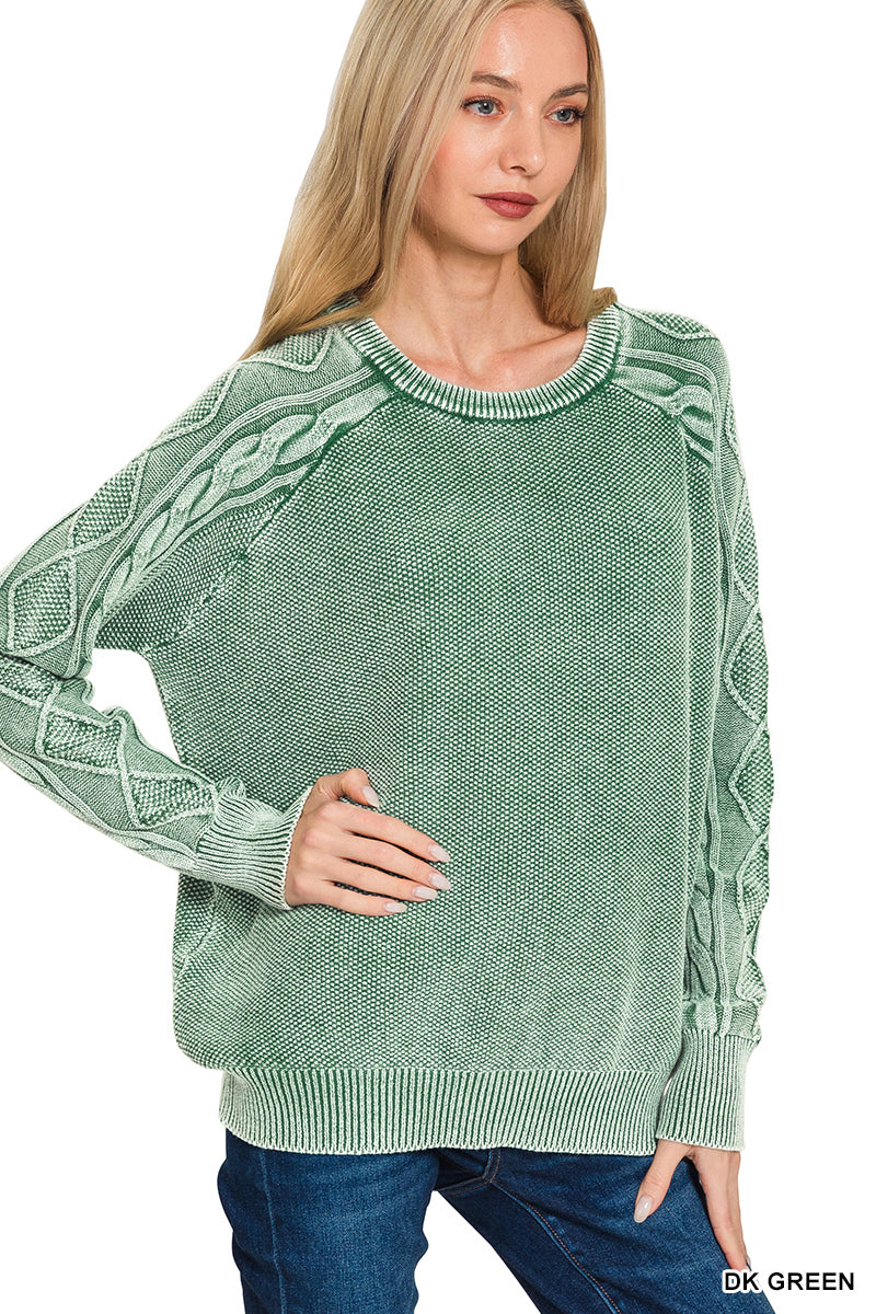 Stone washed cable-sleeve crewneck sweater