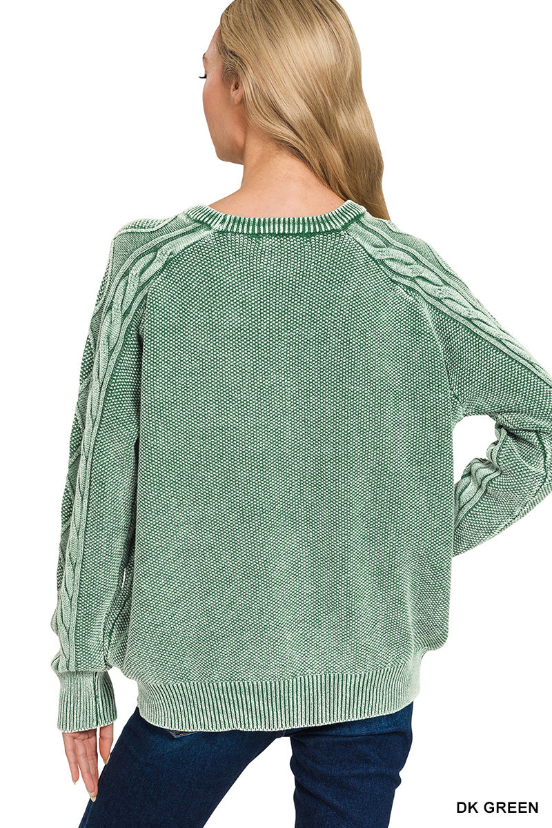 Stone washed cable-sleeve crewneck sweater