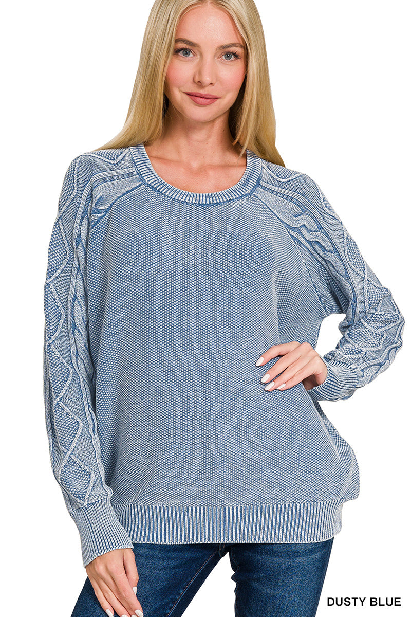 Stone washed cable-sleeve crewneck sweater